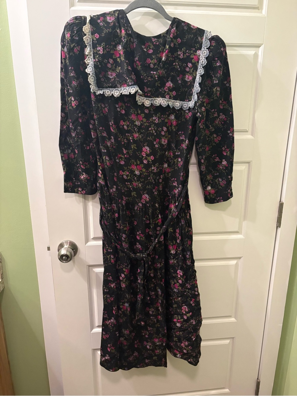 Vintage Cottagecore Prairie Black Floral Midi Dress with Pink & Green Accents